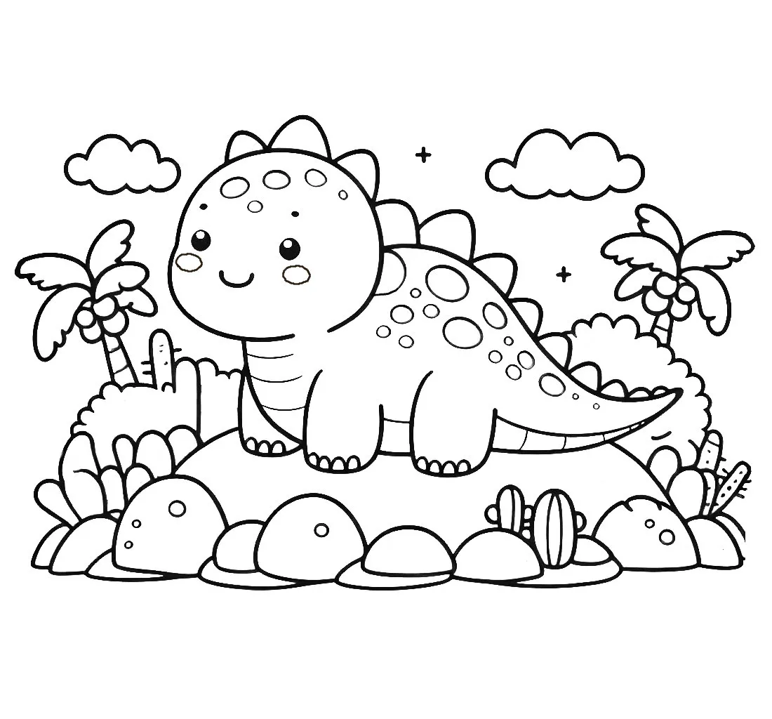 Cute Dinosaur on Island 🦖🏝️🌴 Coloring Page