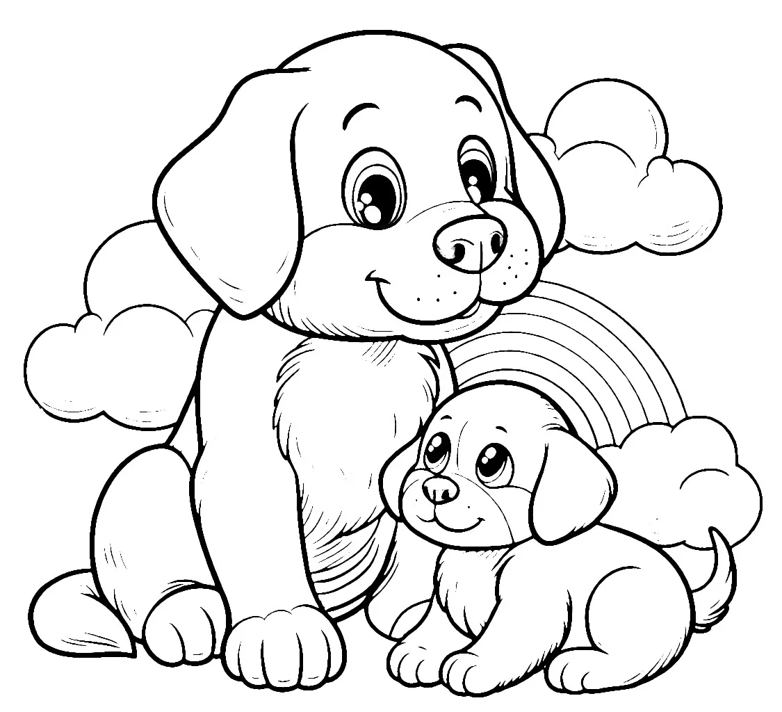 Cute Dog with Puppy and Rainbow 🌈🐾🐶 Coloring Page