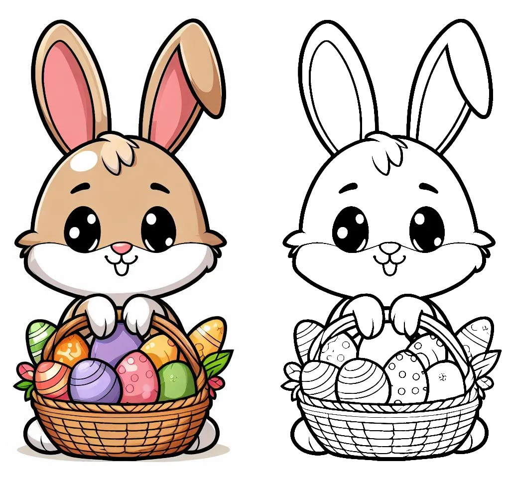 Cute Easter Bunny Holding Basket with Easter Eggs 🐰🥚 Coloring Page