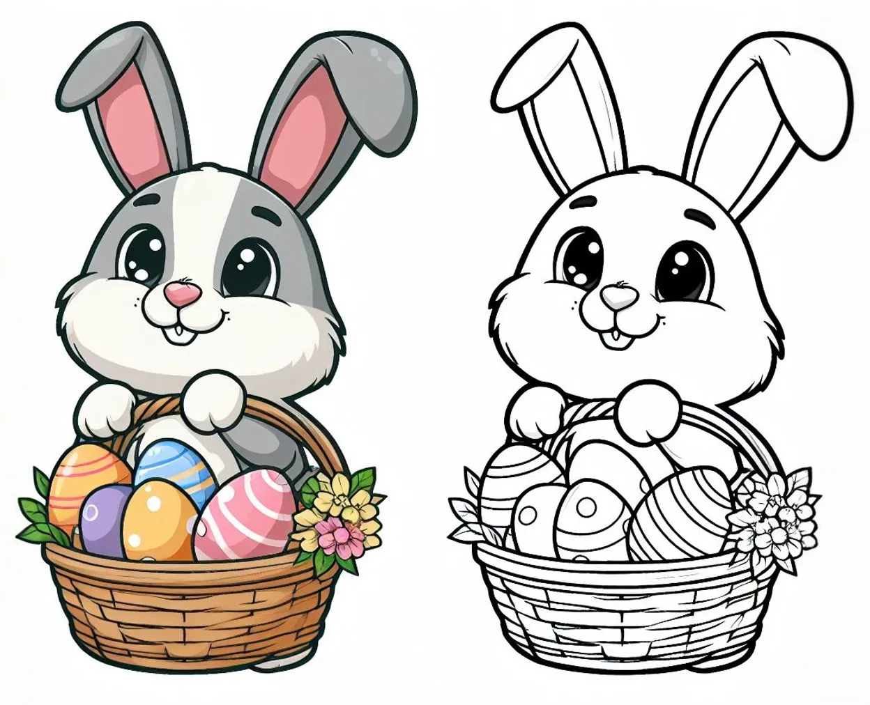 Cute Easter Bunny Holding Basket with Easter Eggs Looking up 🐰🥚 Coloring Page