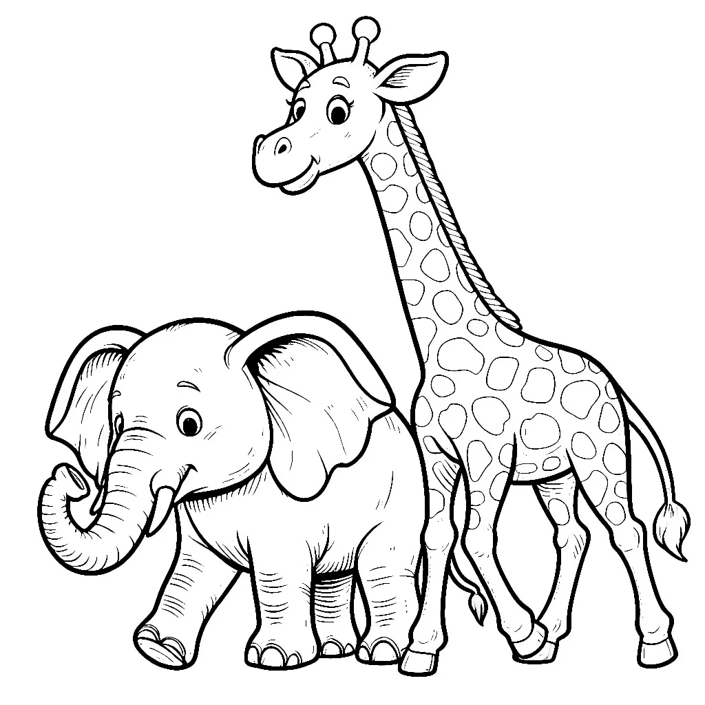 Cute Elephant and Giraffe Walking 🐘🦒🌍 Coloring Page