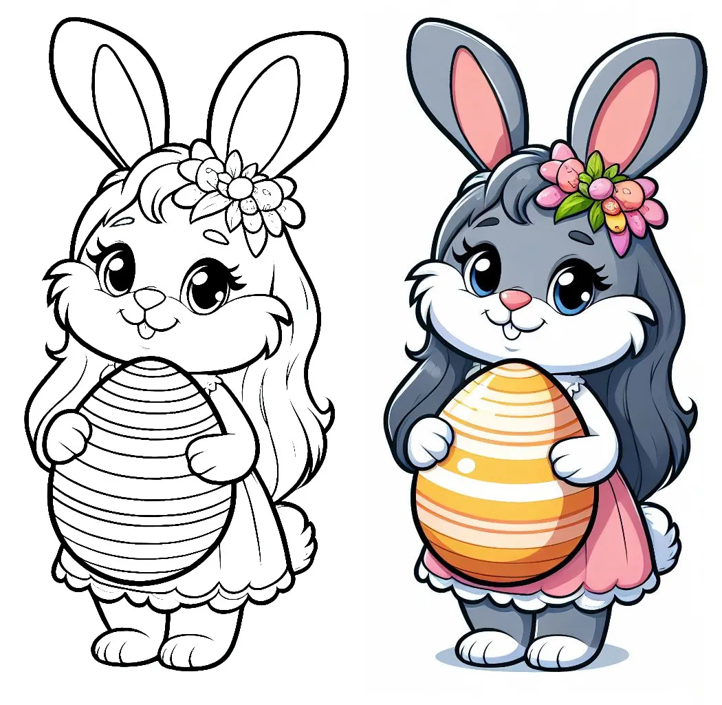 Cute Female Easter Bunny with Flower in Hair Holding Easter Egg  🐰🥚🌸 🐰🥚🌸 Coloring Page
