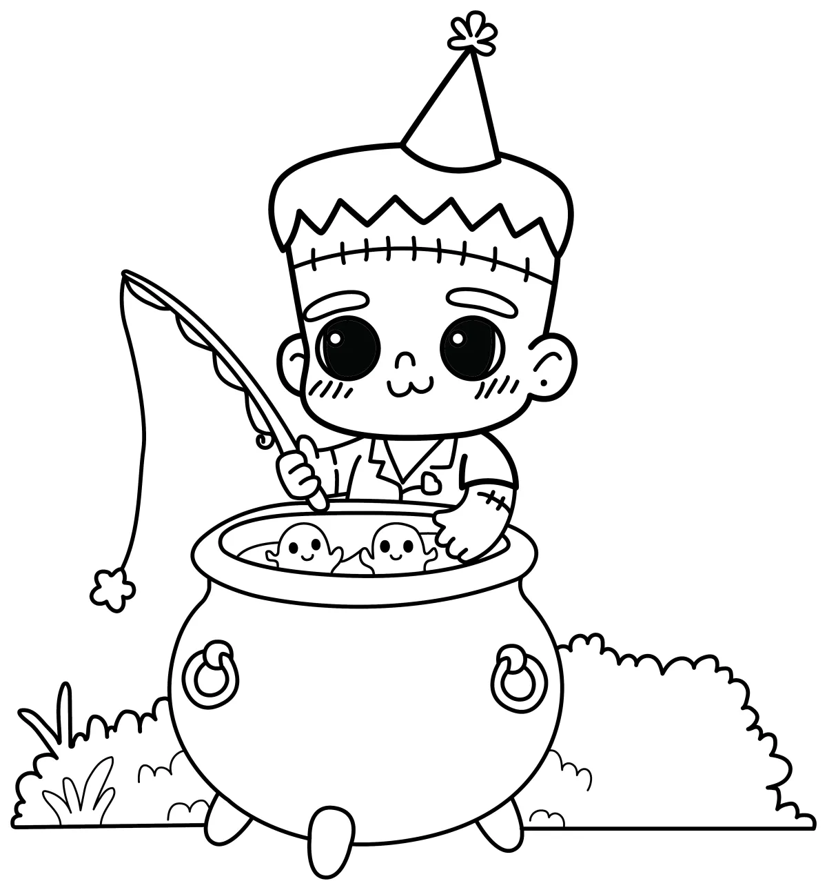 Cute Frankenstein Fishing for Spookies in a Soup Pot 🎣👻🍲 Coloring Page