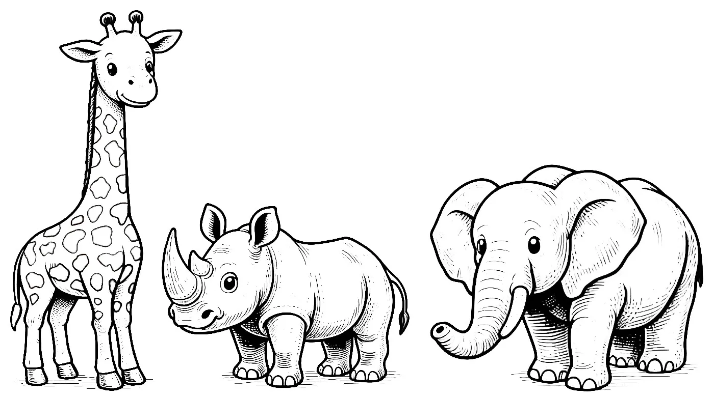 Cute Giraffe Rhino and Elephant 🦒🦏🐘 Coloring Page