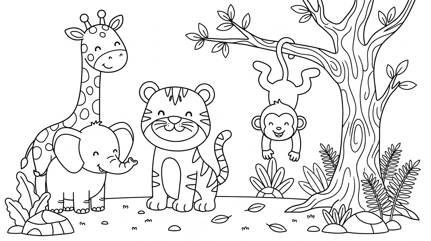 Cute Jungle Animals Gathering Together 🦁🐘🦒 Coloring Page