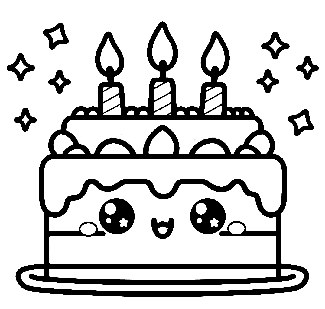 Cute Kawaii Birthday Cake with 3 Candles (Third Birthday) 🎂🥳✨ Coloring Page
