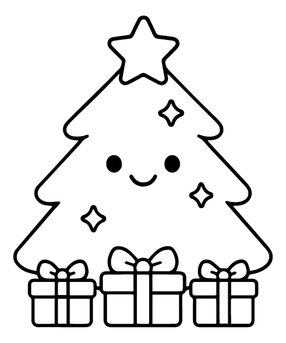 Cute Kawaii Christmas Tree with Gifts 🎄🎁🌟 Coloring Page