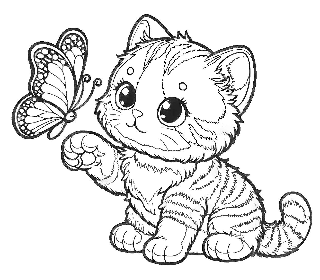 Cute Kitten Playing with Butterfly 🐱🦋 Coloring Page