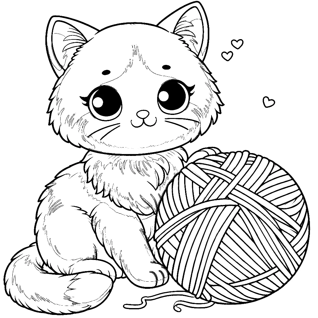 Cute Kitten Playing with Yarn Wool Ball 🐱🧶😺 Coloring Page