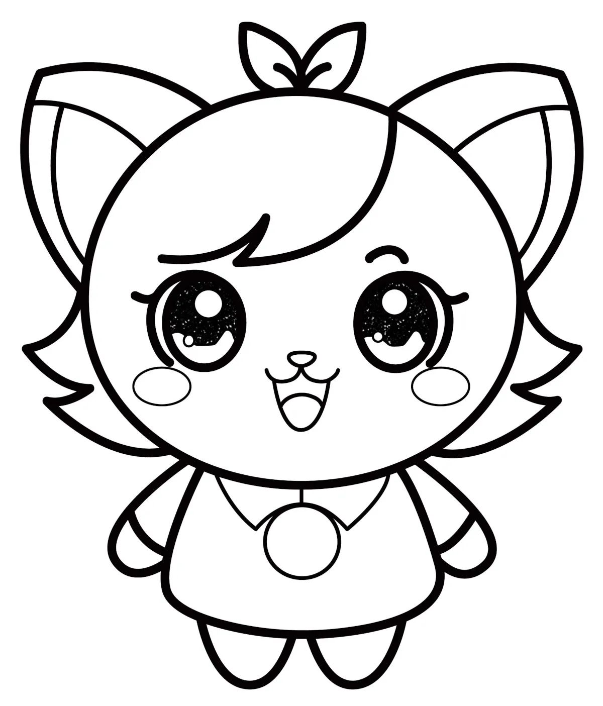 Cute Kitty Character with Big Eyes, Dress, and Bow Smiling 😺🎀👗✨😊 Coloring Page