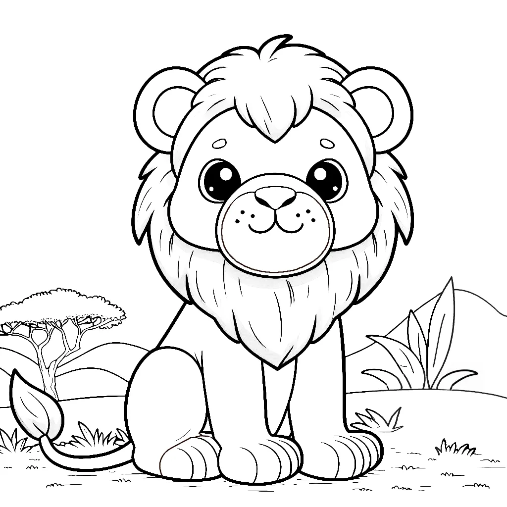 Cute Lion Sitting in Savanna Landscape in Africa 🦁🌍🌾 Coloring Page