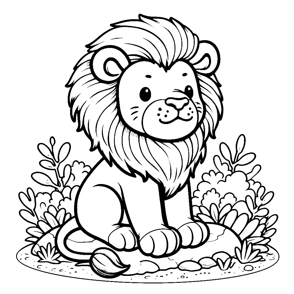 Cute Lion Sitting 🦁🌿🌟 Coloring Page