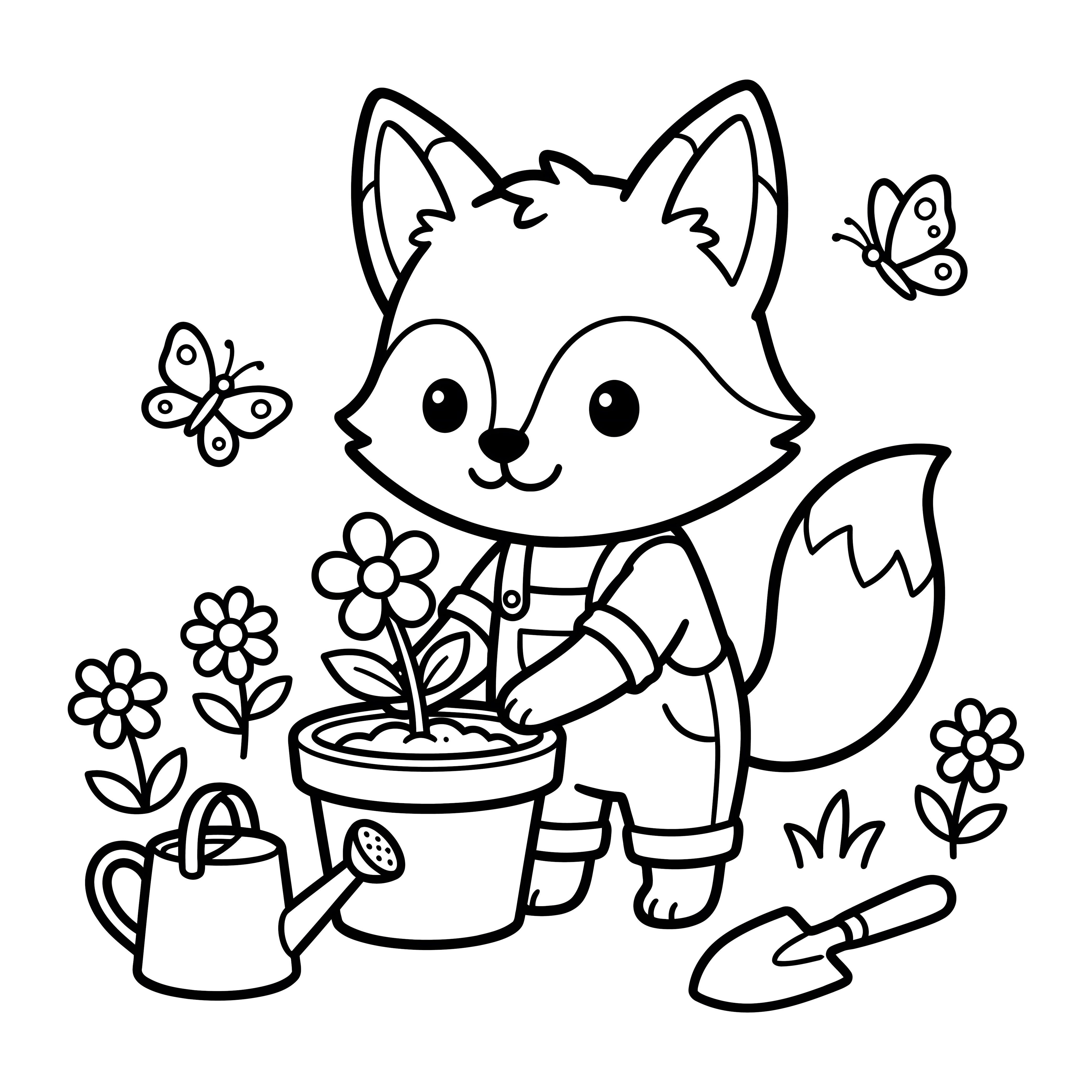 Cute Little Fox Gardening with Flowers 🦊🌸🌻 Coloring Page