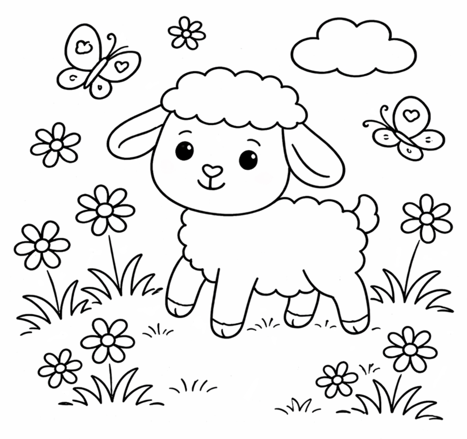Cute Little Lamb in a Sunny Flower Meadow 🐑🌸🦋 Coloring Page