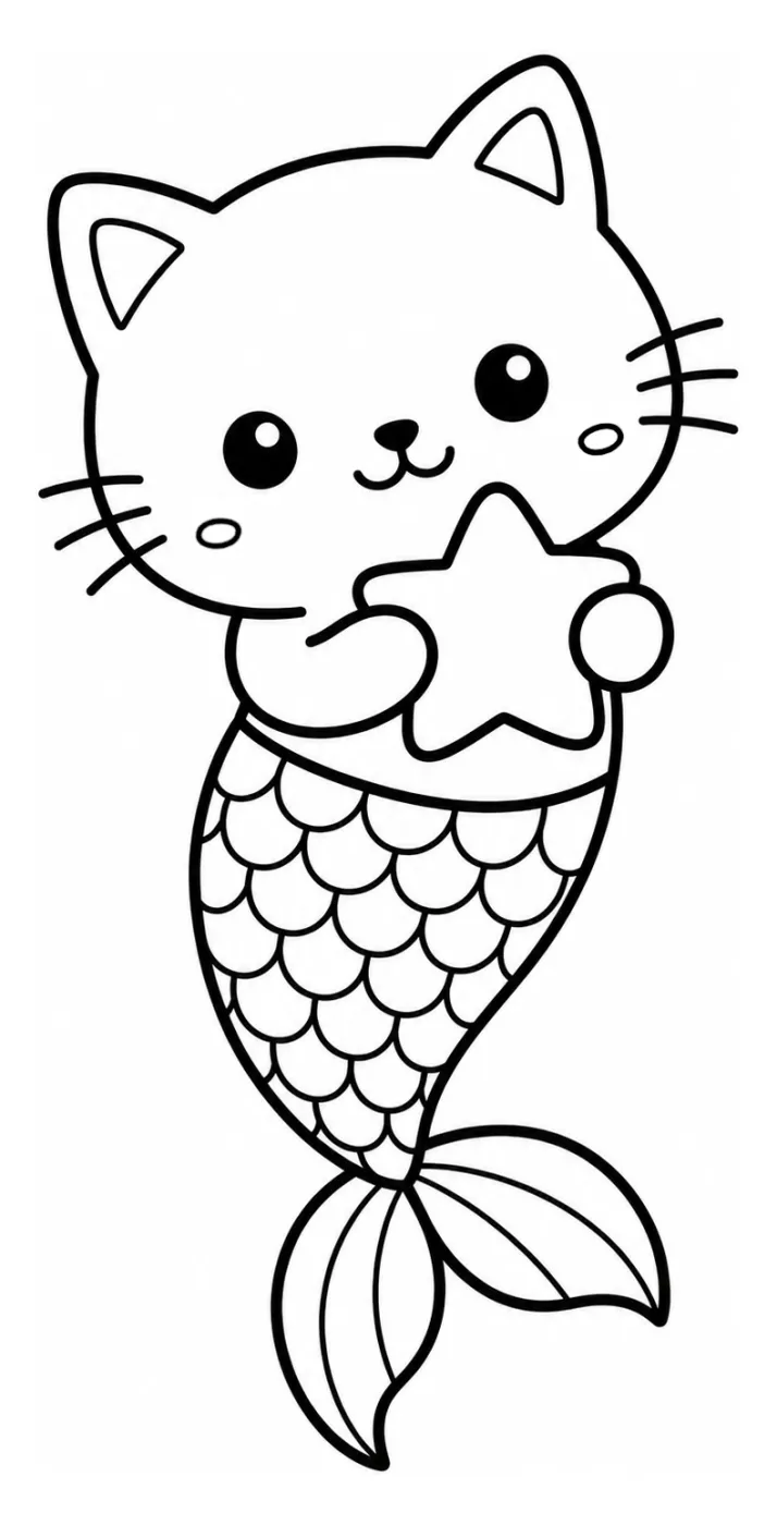 Cute Mermaid Kitten Holding Star Cartoon 🐱🧜‍♀️✨ Coloring Page