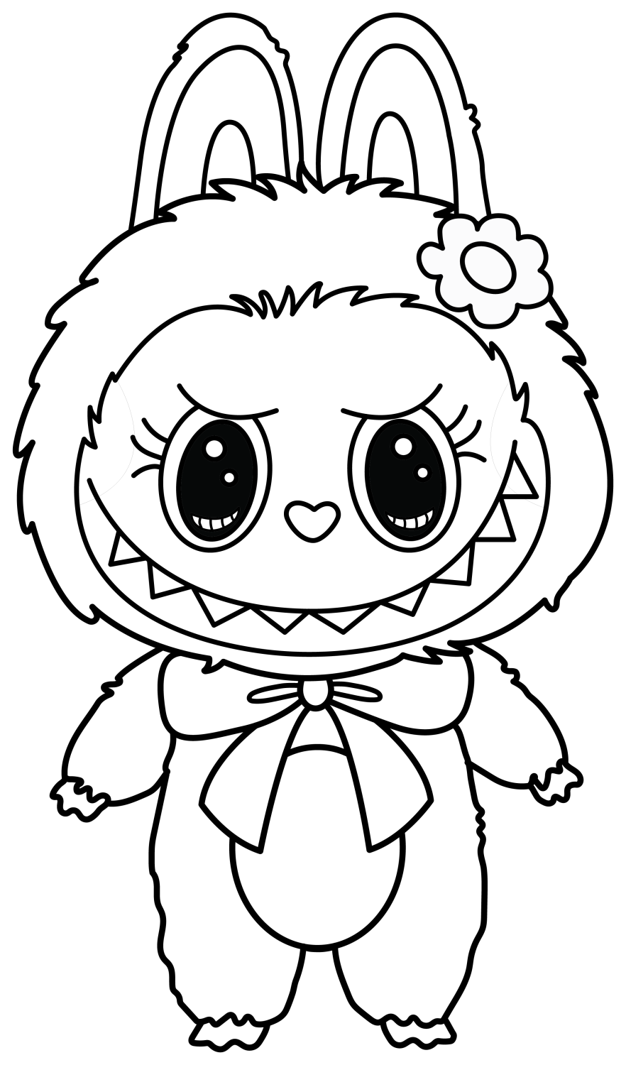 Cute Labubu Mokoko Monster with Heart-Shaped Nose and Fluffy Fur 🐻🌸🎀 Coloring Page