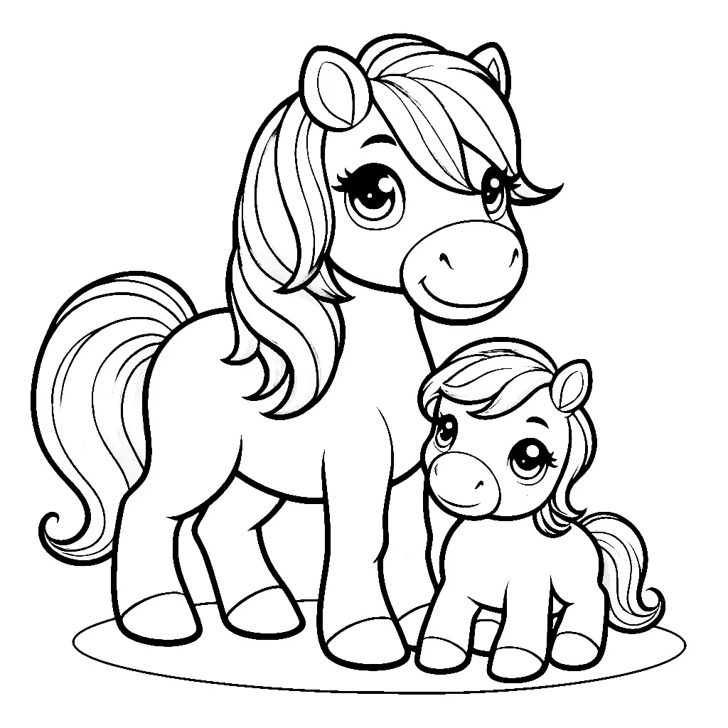 Cute Mother and Baby Horse 🐴🌸💚 Coloring Page