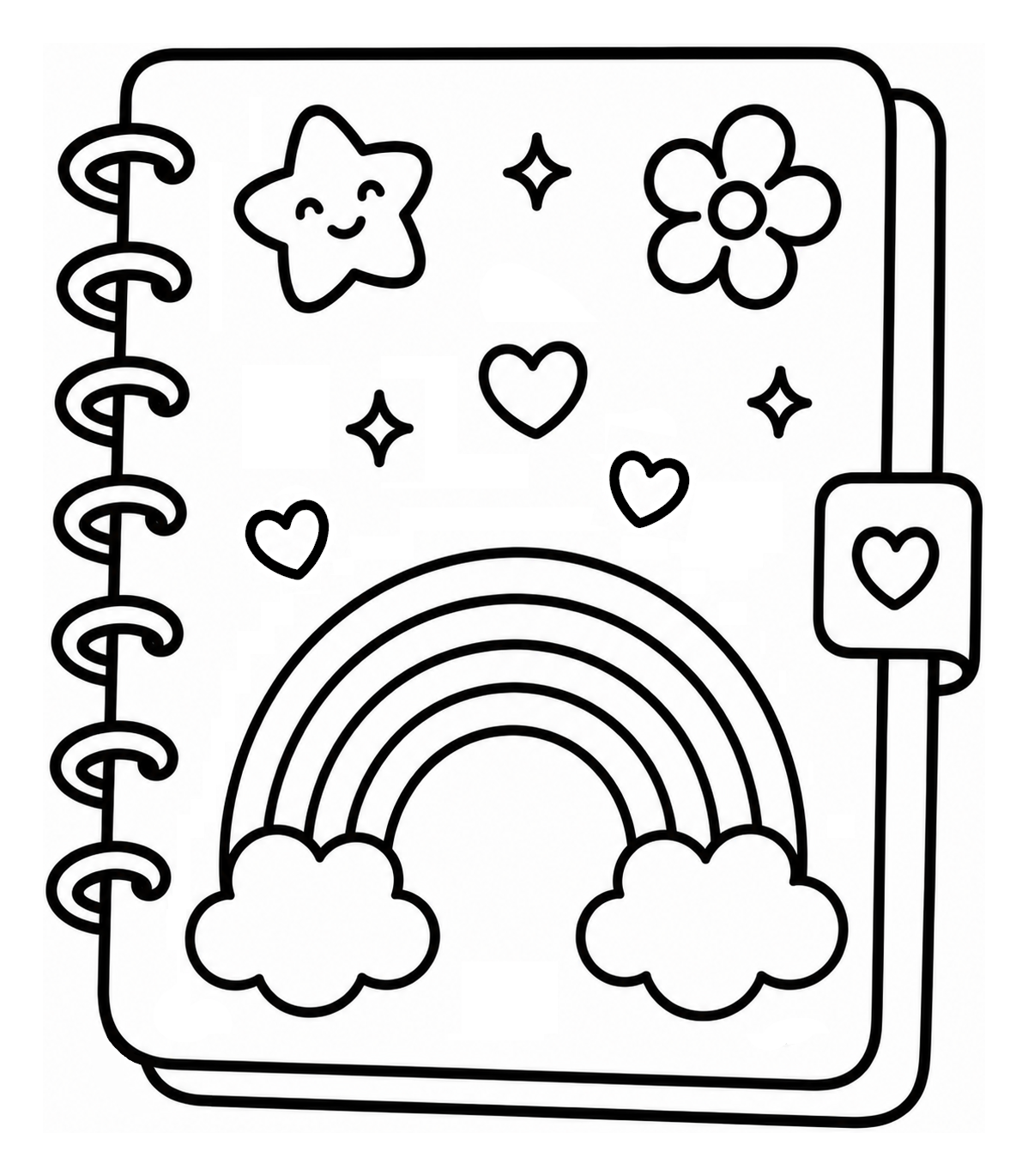 Cute Notebook with Rainbow, Star, Flower, and Hearts 🌈💖 Coloring Page