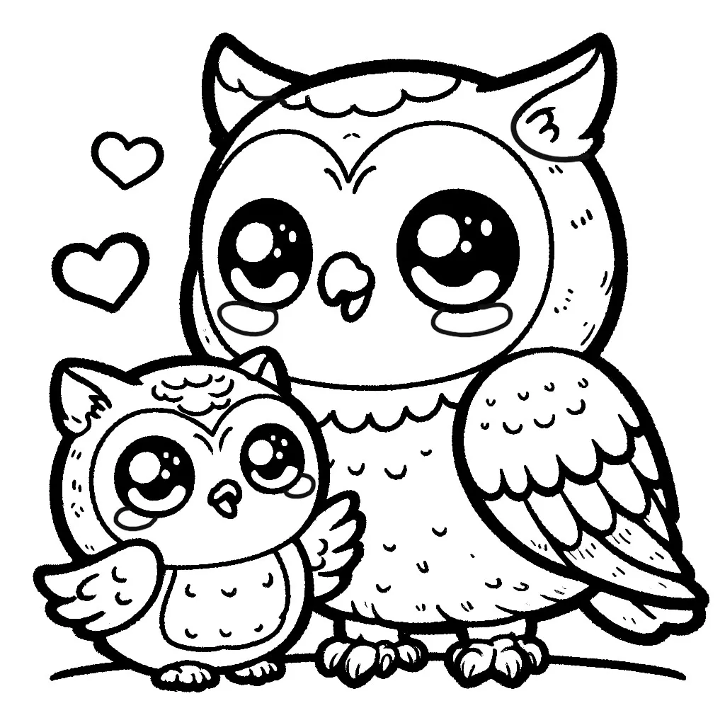 Cute Owl with Baby Owl (Owlet) 🦉 Coloring Page, image size:1024x1024