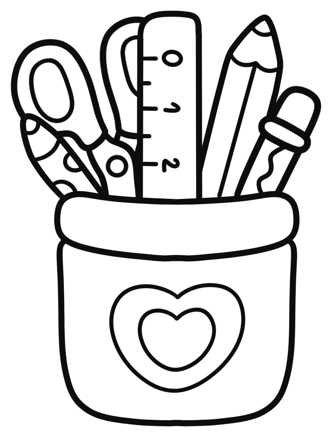 Cute Pencil Holder with School Supplies ✏️✂️📏 Coloring Page