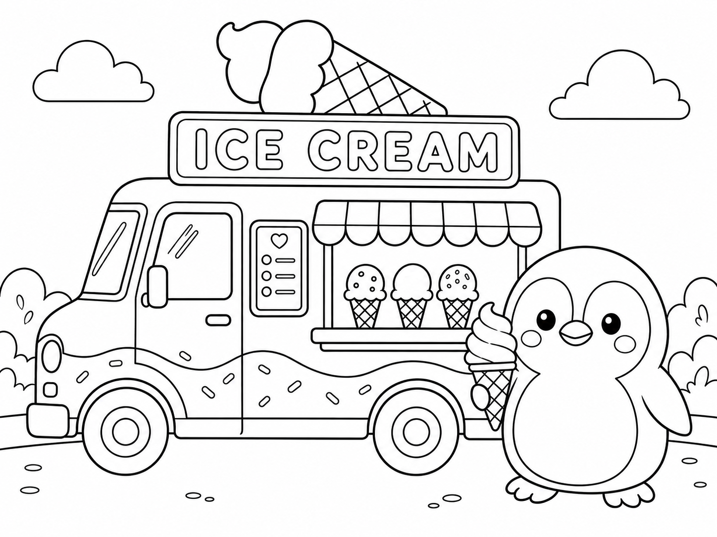 Cute Penguin with Ice Cream Truck 🐧🍦🍧 Coloring Page