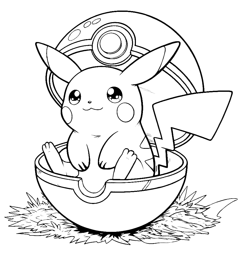Cute Pikachu Sitting Inside a Poké Ball ⚡🎮 Coloring Page