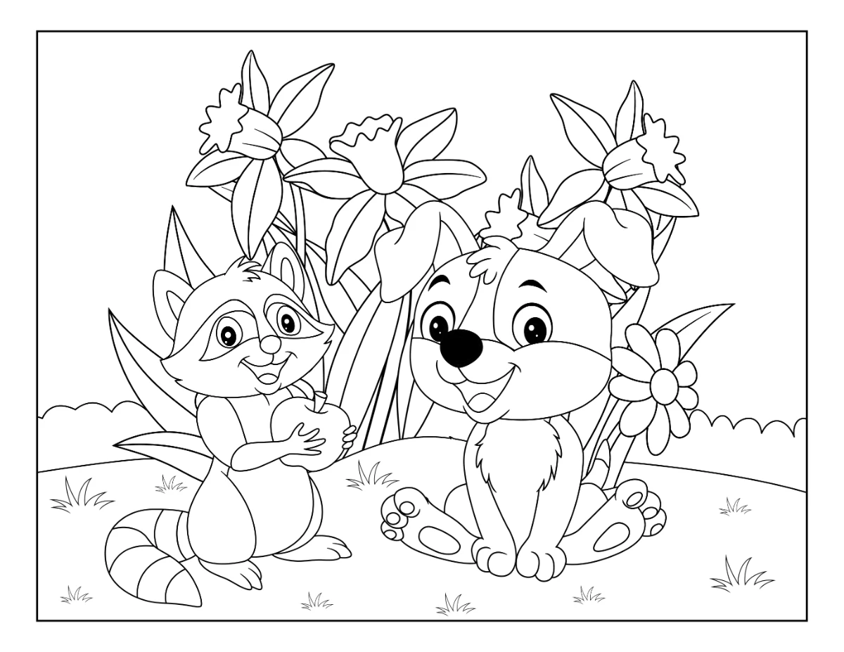 Cute Raccoon with Apple and Happy Puppy Sitting Among Daffodils and Daisies in a Garden 🐶🍎🌼🌸🦝 Coloring Page