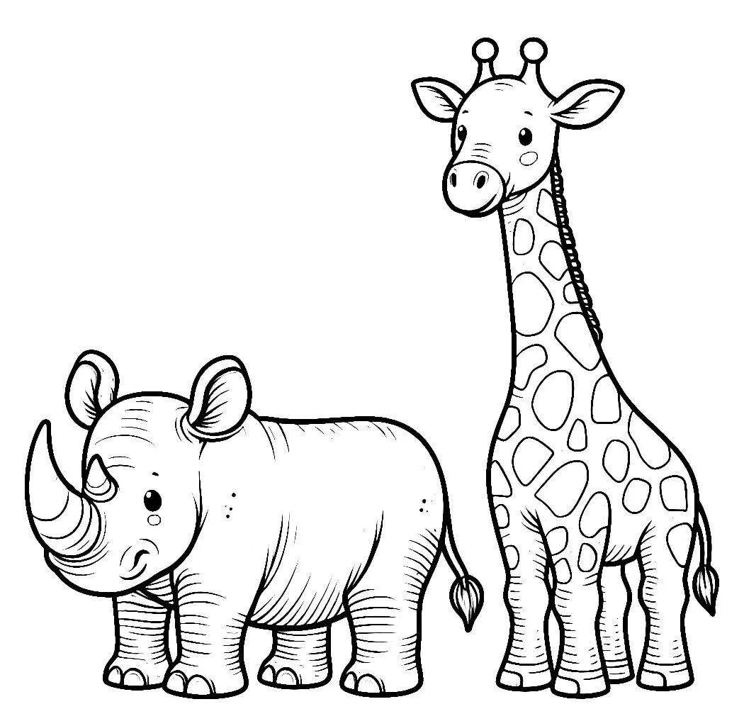 Cute Rhino and Giraffe 🦏🦒 Coloring Page
