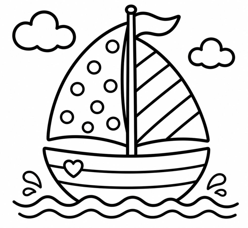 Cute Sailboat on Wavy Water with a Heart 🚤🌊💖 Coloring Page