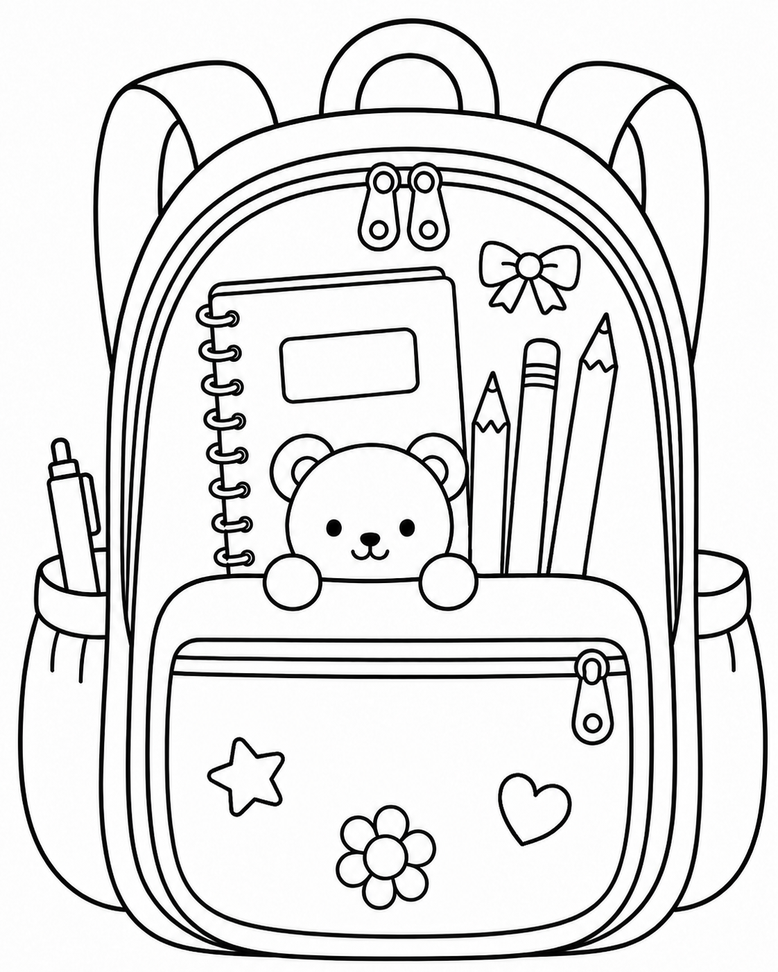 Cute School Backpack with Teddy Bear 🎒🧸📚 Coloring Page