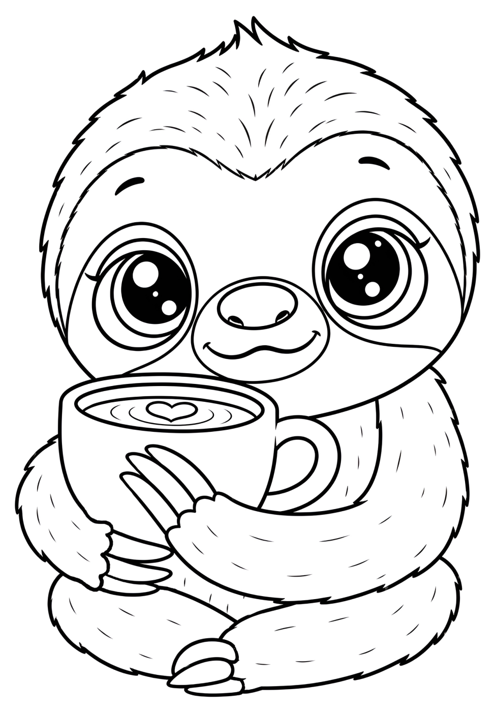 Cute Sloth Holding Cup of Coffee with Big Eyes 🦥☕😊 Coloring Page