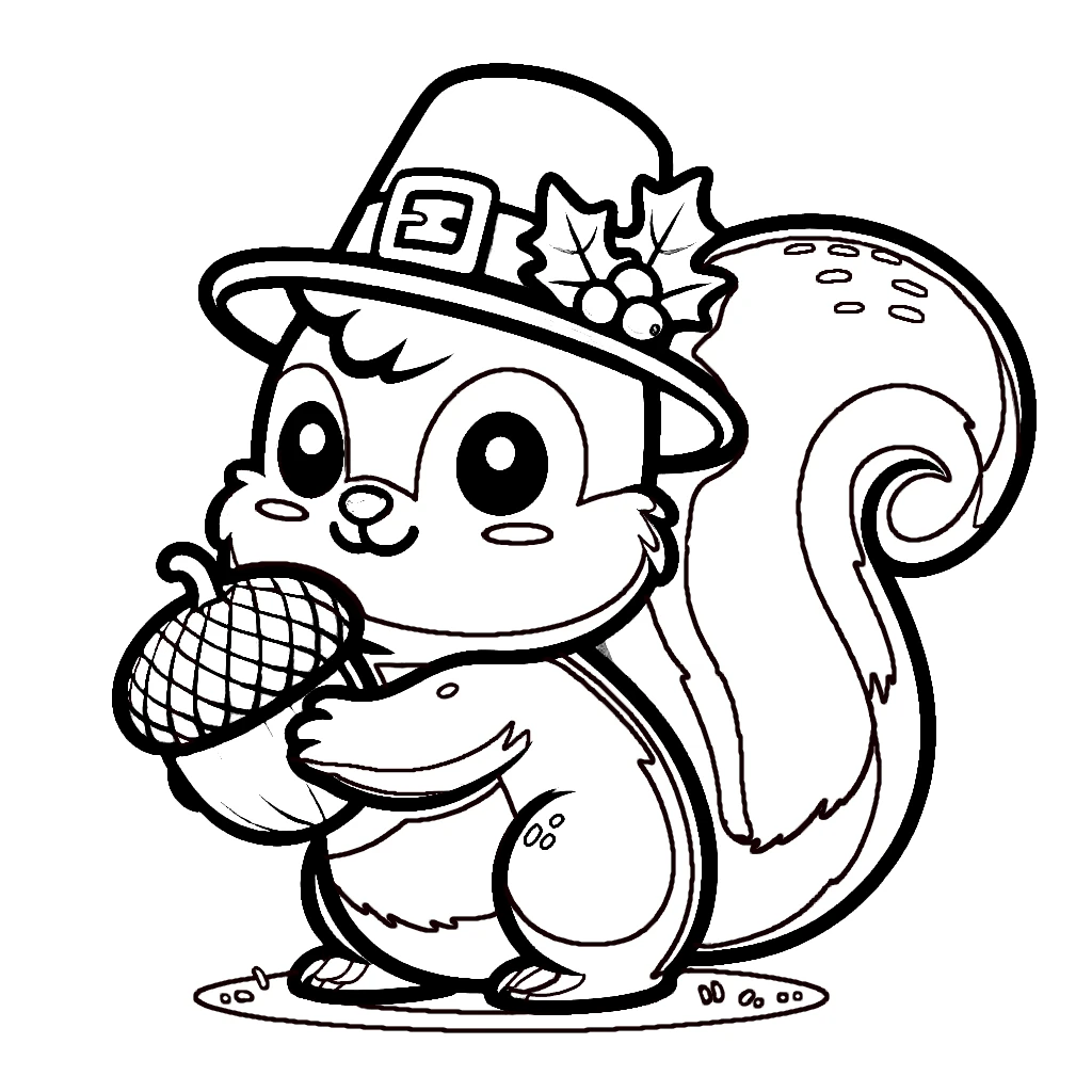 Cute Squirrel Holding Acorn Wearing Thanksgiving Hat 🐿️🍂🎩 Coloring Page