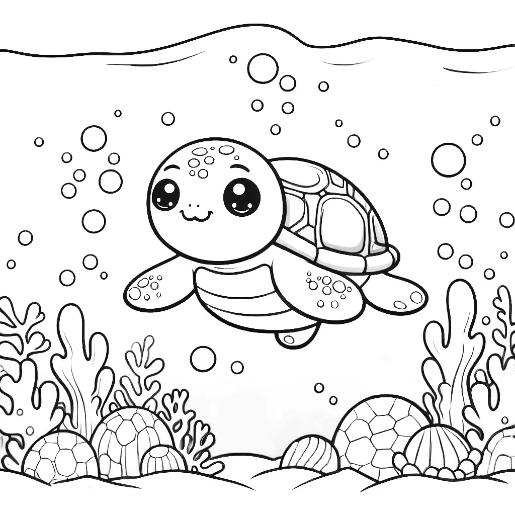 Cute Turtle Swimming in the Sea with Coral 🐢🌊🐠 Coloring Page
