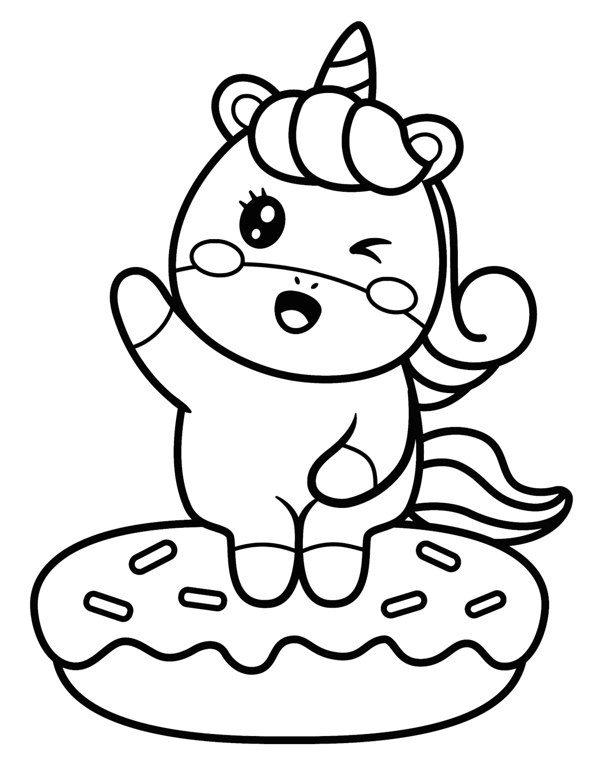 Cute Unicorn Girl Sitting on Doughnut Waving 🍩🦄🌈✨ Coloring Page