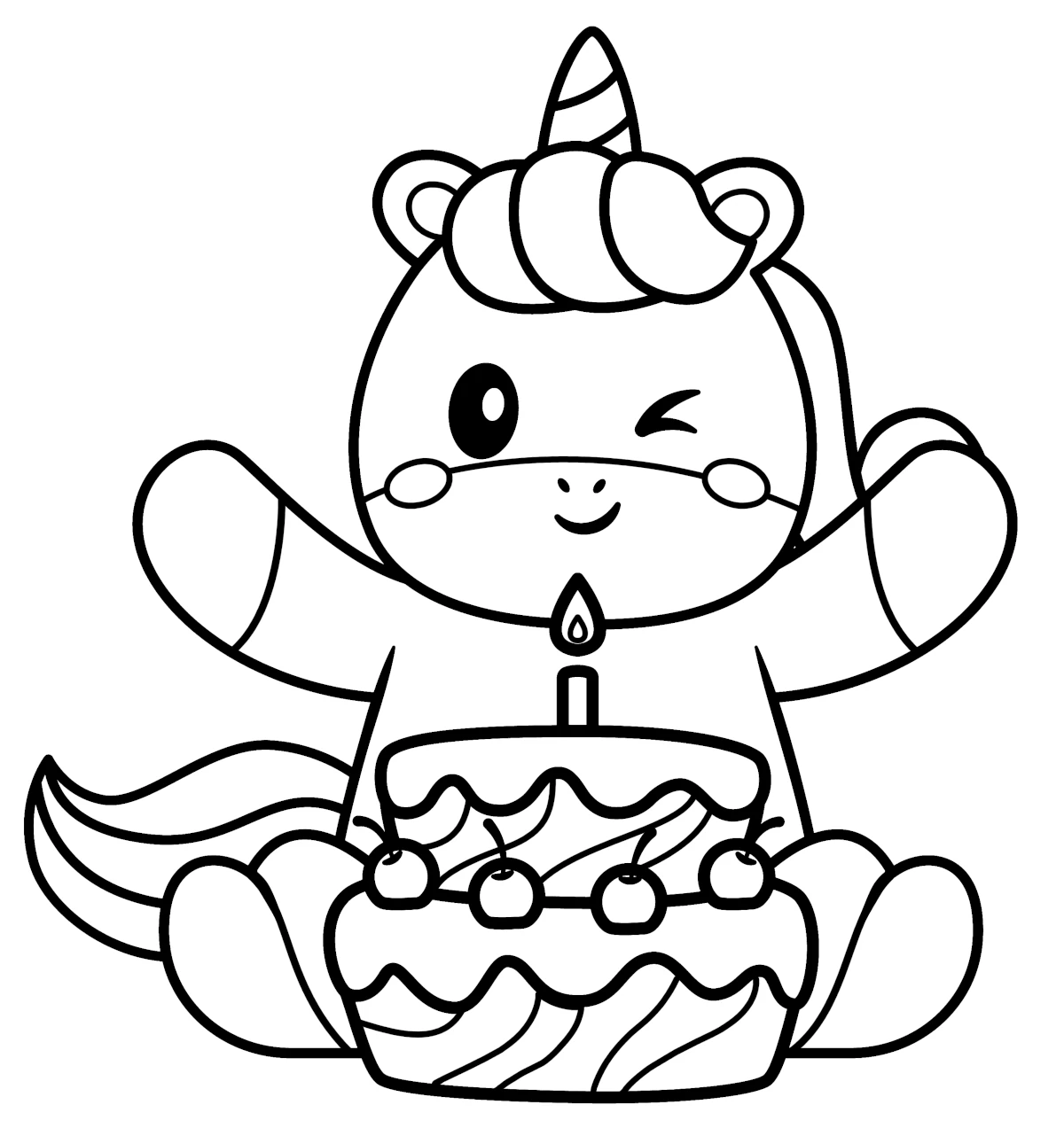 Cute Unicorn with Birthday Cake with Candle and Cherries 🎂🦄🎉🎈 Coloring Page