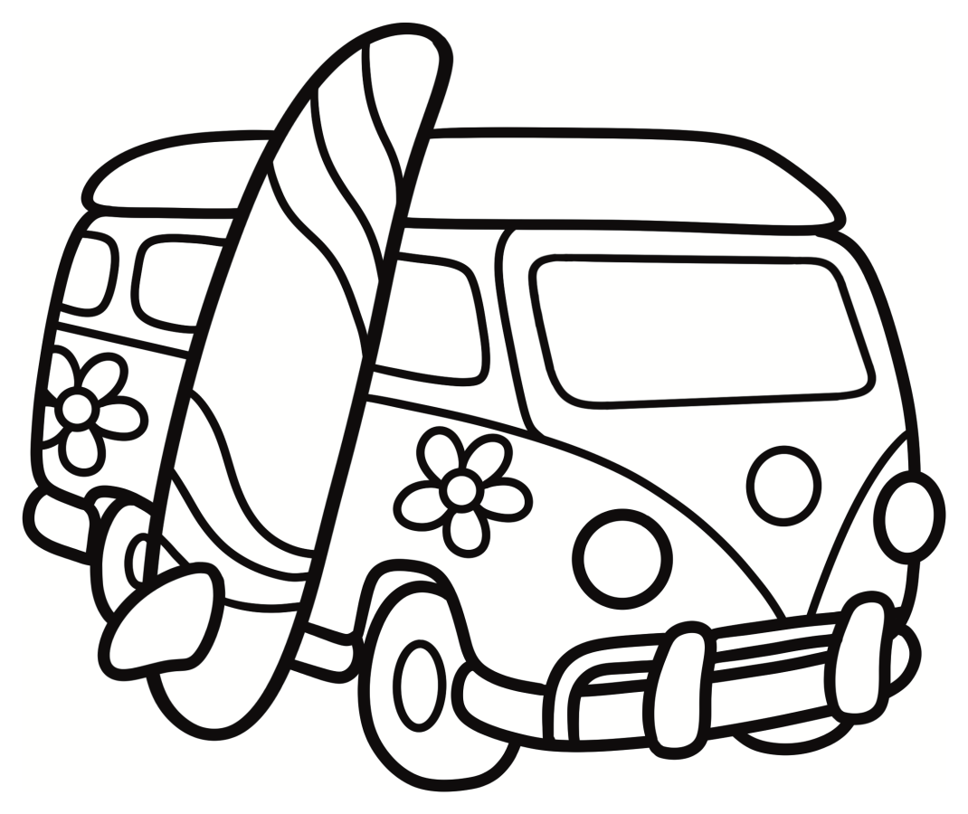 Cute VW Van with Surfboard Standing Next to It 🚐🏄‍♂️🌊 Coloring Page
