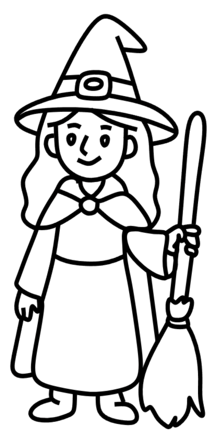 Cute Witch with Hat and Broom 🧙‍♀️🌙🧙‍♀️ Coloring Page