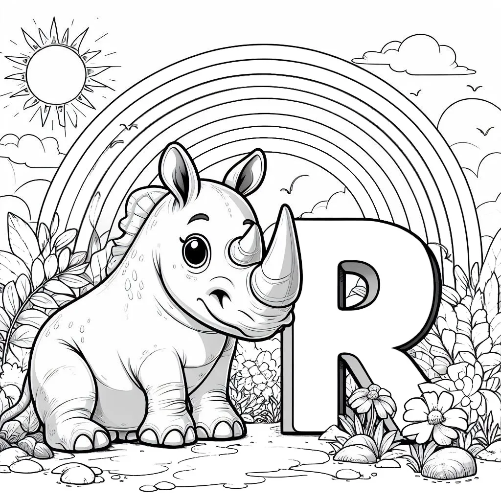 Cute Rhino in Landscape with Letter R, Rainbow and Sun 🦏🌳🌈☀️ Coloring Page