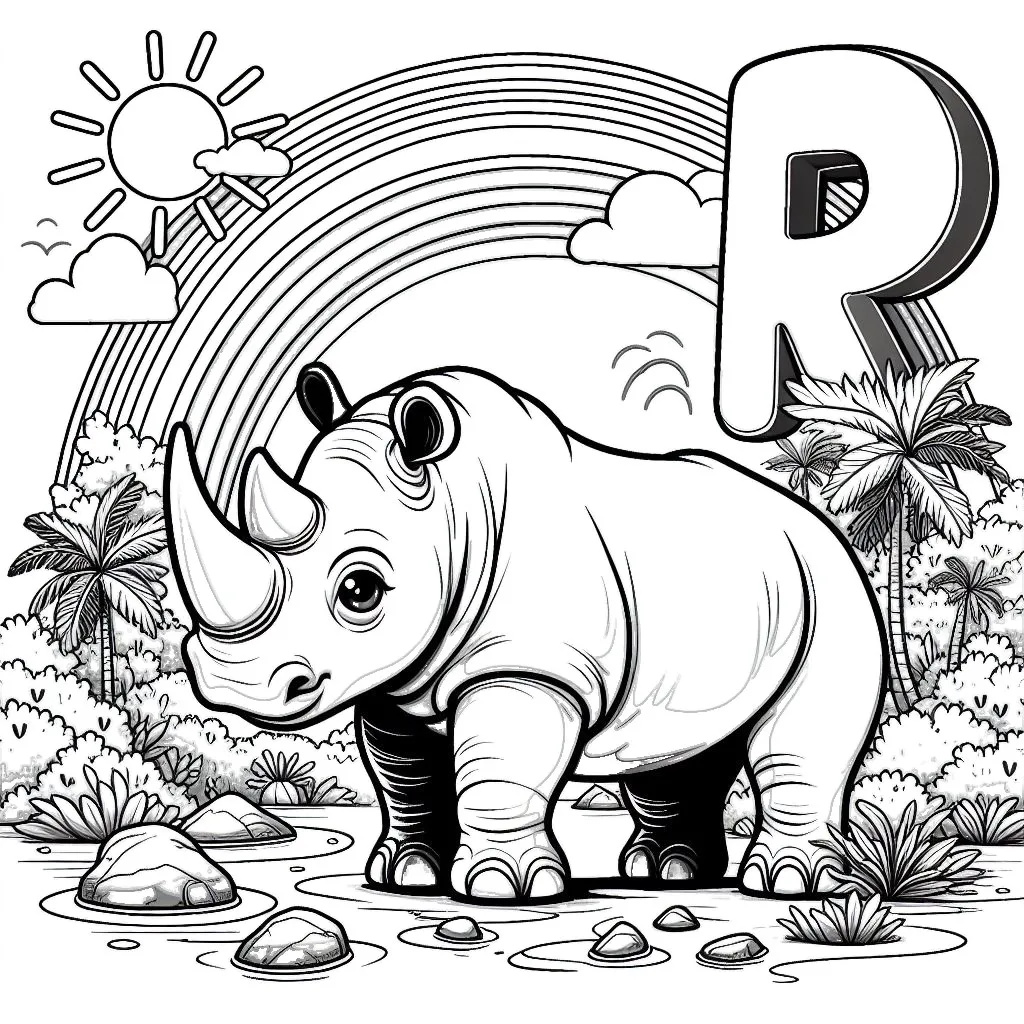 Cute Rhino in Landscape with Letter R, Rainbow and Sun 🦏🌳🌈☀️ Coloring Page