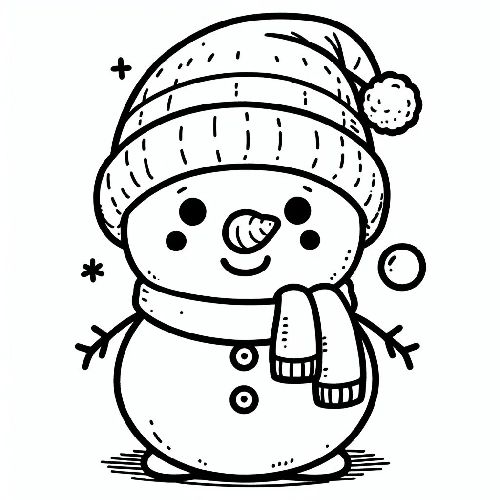 Small cute snow man with hat and scarf ⛄❄️🧣 Coloring Page