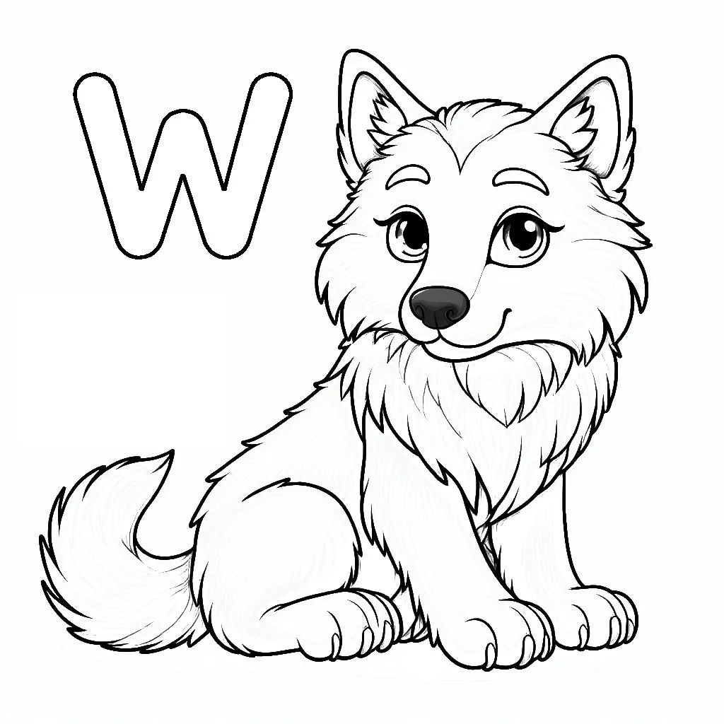 Cute Wolf with letter W 🐺 Coloring Page