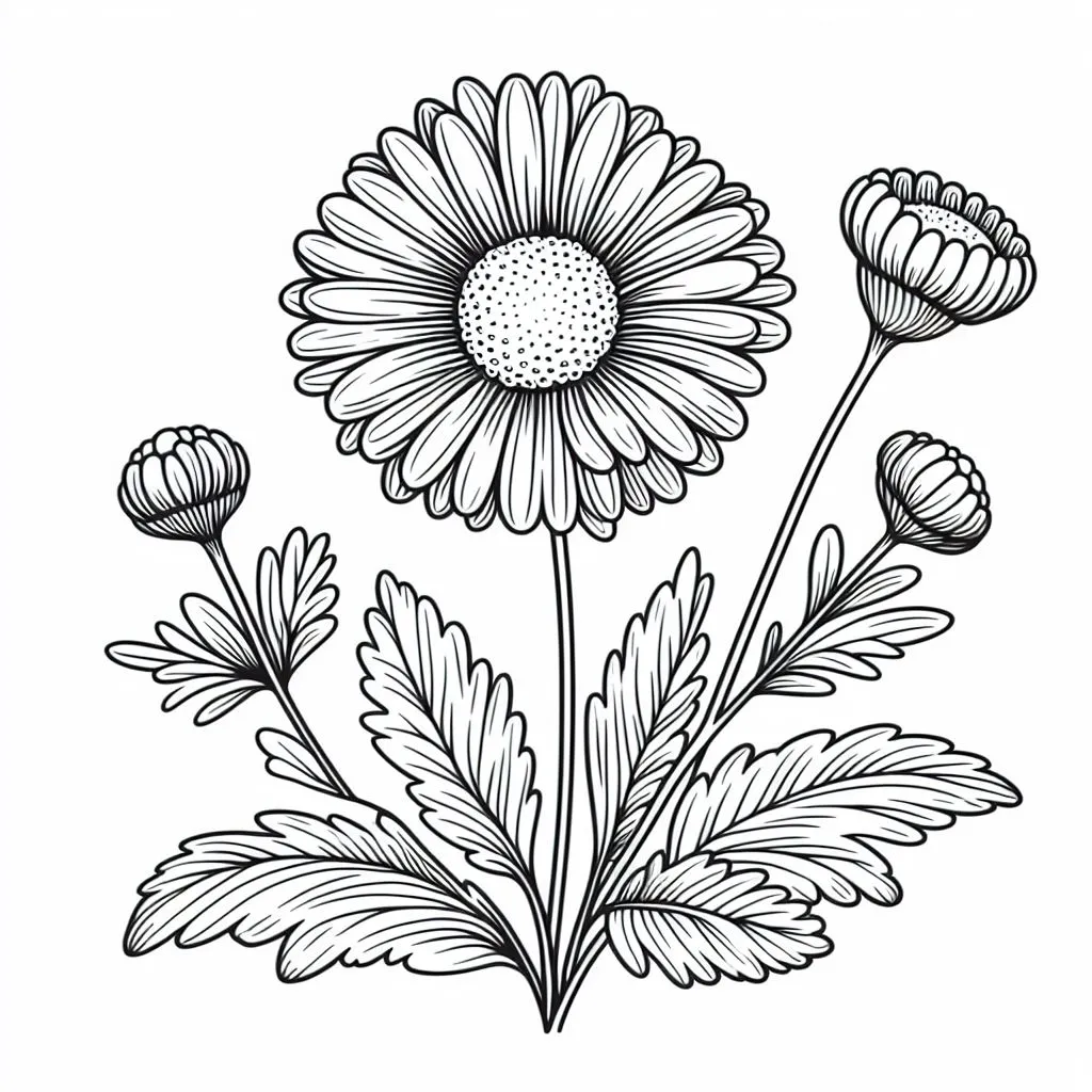 Daisy Flower with Leaves 🌼🍃 Coloring Page