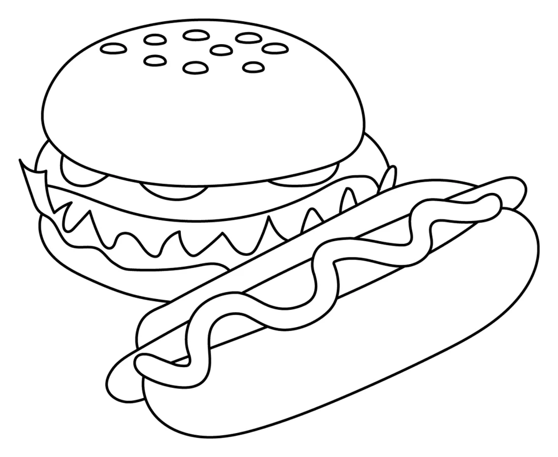 A Juicy Burger and a Tasty Hotdog with All the Toppings 🍔🌭🍟 Coloring Page