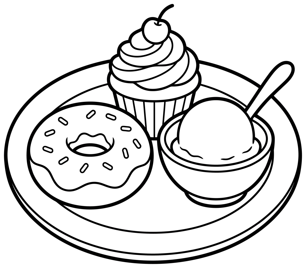Delicious Dessert Platter Mix 🧁🍩🍨 Coloring Page