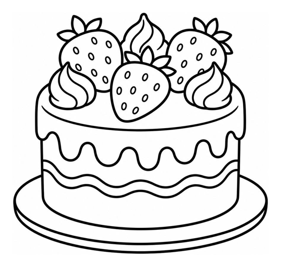 Delicious Strawberry Cake with Whipped Cream on Plate 🍰🍓🍽️ Coloring Page