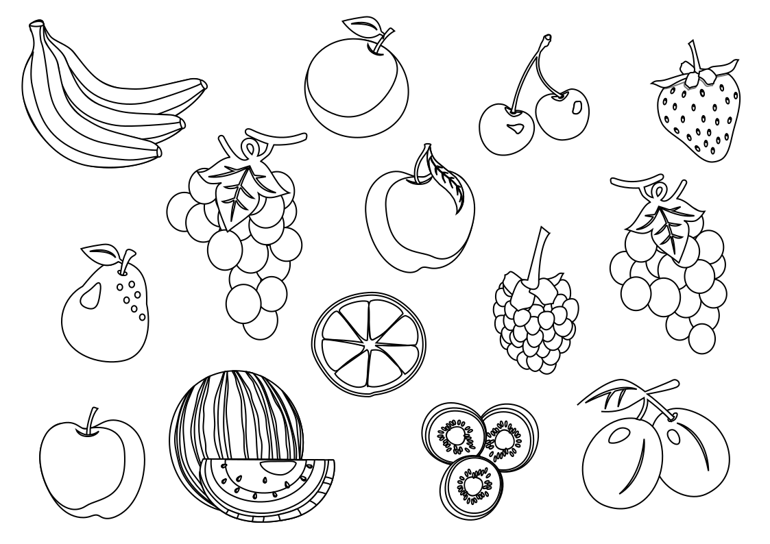 Different Fruits: banana, apple, grapes, strawberry, kiwi, and more  