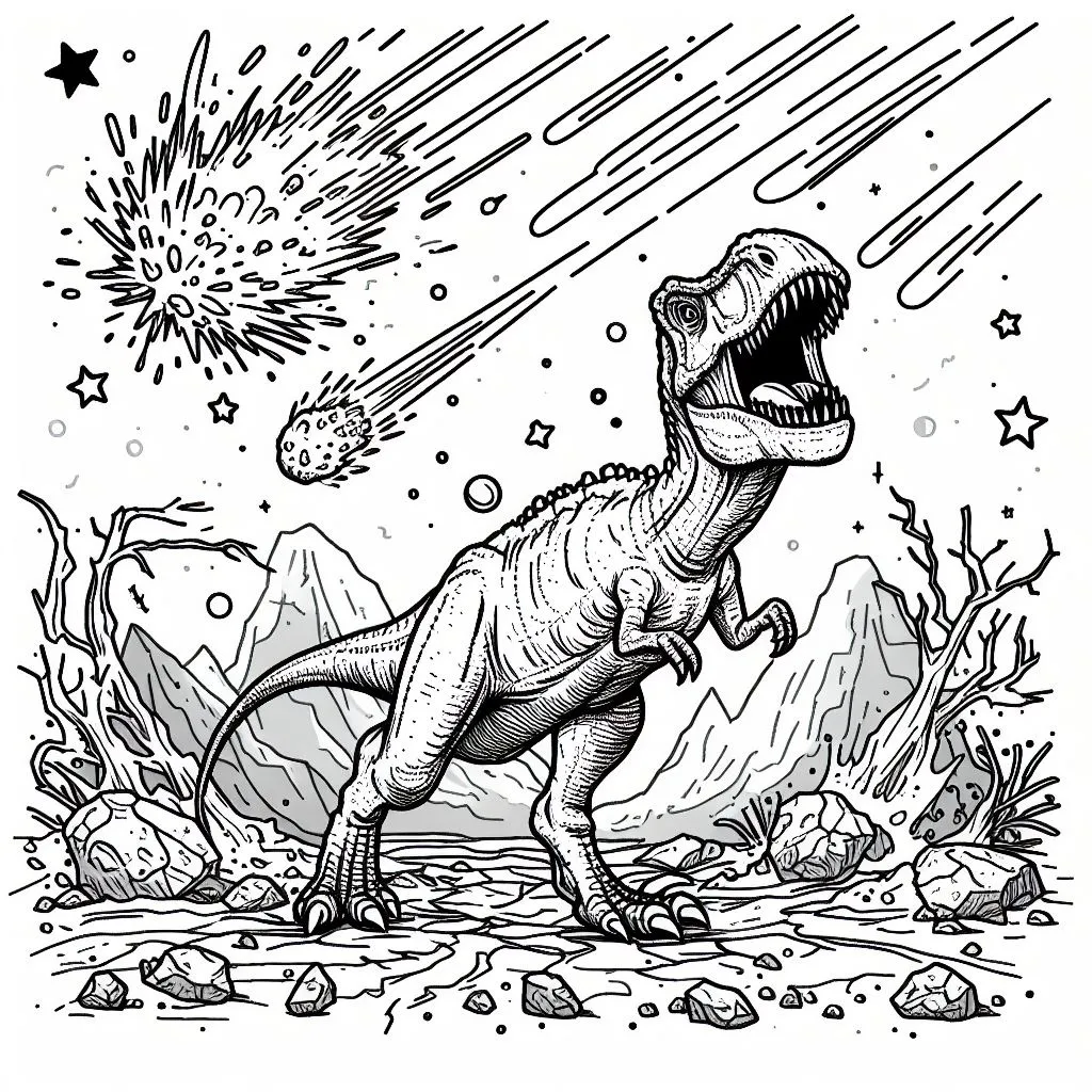 T-Rex Dinosaur Roaring at Moment of Asteroid Impact 🦖💥☄️ Coloring Page