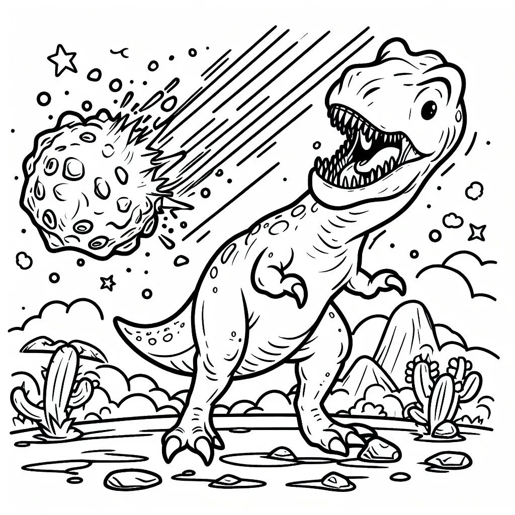 T-Rex Dinosaur Roaring at Moment of Asteroid Impact 🦖💥☄️ Coloring Page
