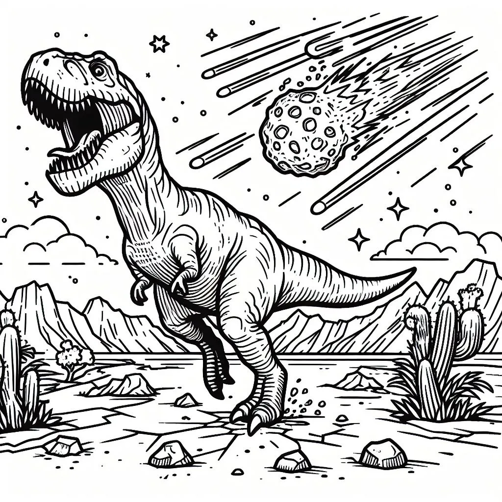 T-Rex Dinosaur Roaring at Moment of Asteroid Impact 🦖💥☄️ Coloring Page