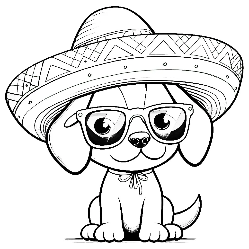 Dog Wearing Sombrero and Sunglasses 🐶😎 Coloring Page